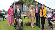 Lagan College at 40: (l-r) Principal Amanda McNamee, head boy Jude Hinds, head girl Rosa Day, Education Minister Michelle McIlveen, former pupils Richard Sherry and Clare Bailey MLA