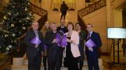 Left to right: John McCallister (Commissioner); Helena Macormac (Commissioner); Chief Commissioner, Les Allamby; Eddie Rooney (Commissioner); The Rt Hon Harriet Harman QC MP; Helen Ferguson (Commissioner); and Northern Ireland Human Rights Commission Chief Executive, David Russell at the Northern Ireland Human Rights Commission's 2017 Annual Statement Launch.