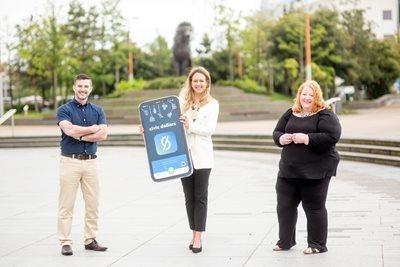 App designer Stephen McPeake, Belfast Lord Mayor Kate Nicholl, and Justice Minister Naomi Long