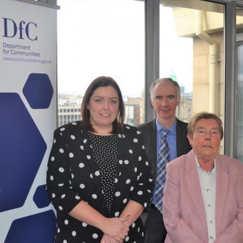 Communities Minister Deirdre Hargey, Kevin Higgins from Advice NI, and mitigations expert Prof. Eileen Evason