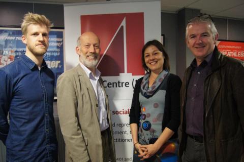 (l-r) Yoke Farm director Tim Keeling, Justice Minister David Ford, Júlia Tomás from Unchosen and Law Centre NI director Glenn Jordan