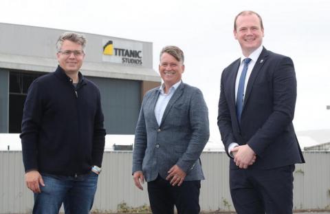 Economy Minister Gordon Lyons (right) with Dungeons and Dragons producer Jeremy Latcham (left) and NI Screen CEO Richard Williams