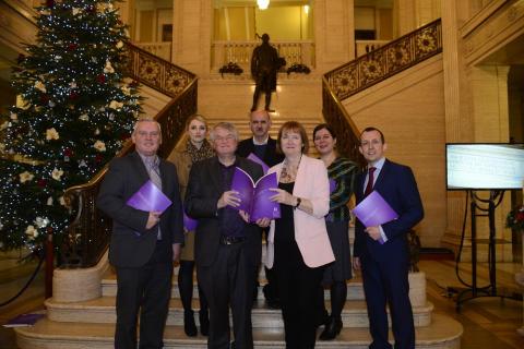 Left to right: John McCallister (Commissioner); Helena Macormac (Commissioner); Chief Commissioner, Les Allamby; Eddie Rooney (Commissioner); The Rt Hon Harriet Harman QC MP; Helen Ferguson (Commissioner); and Northern Ireland Human Rights Commission Chief Executive, David Russell at the Northern Ireland Human Rights Commission's 2017 Annual Statement Launch.