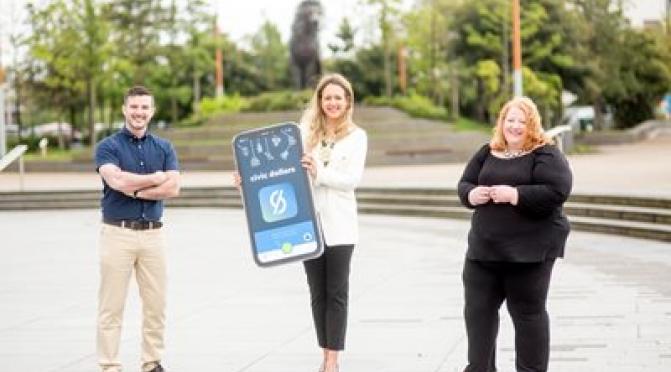 App designer Stephen McPeake, Belfast Lord Mayor Kate Nicholl, and Justice Minister Naomi Long