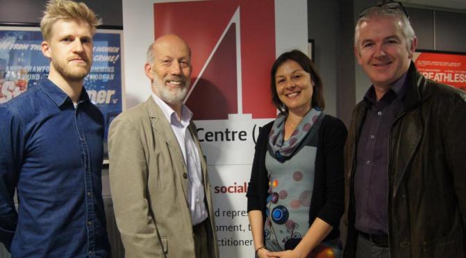 (l-r) Yoke Farm director Tim Keeling, Justice Minister David Ford, Júlia Tomás from Unchosen and Law Centre NI director Glenn Jordan