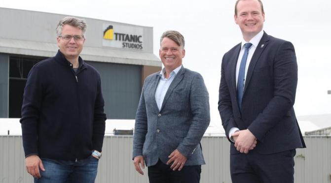 Economy Minister Gordon Lyons (right) with Dungeons and Dragons producer Jeremy Latcham (left) and NI Screen CEO Richard Williams