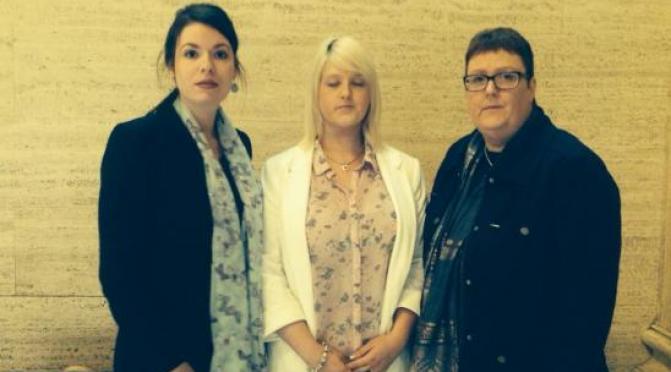 Amnesty's Grainne Teggart, Sarah Ewart, and Sarah's mother Jane Christie