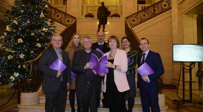 Left to right: John McCallister (Commissioner); Helena Macormac (Commissioner); Chief Commissioner, Les Allamby; Eddie Rooney (Commissioner); The Rt Hon Harriet Harman QC MP; Helen Ferguson (Commissioner); and Northern Ireland Human Rights Commission Chief Executive, David Russell at the Northern Ireland Human Rights Commission's 2017 Annual Statement Launch.