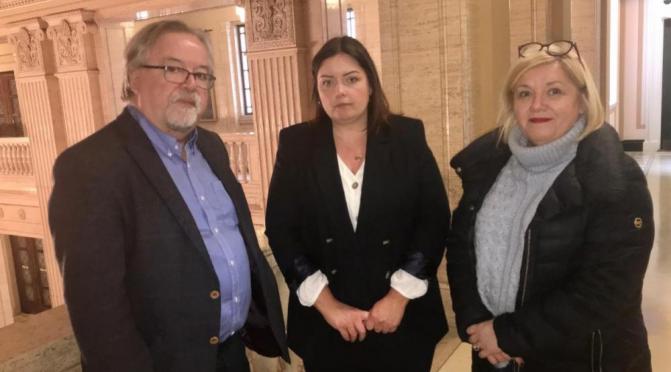 Communities Minister Deirdre Hargey MLA (centre) with NICVA Chief Executive Seamus McAleavey and Deputy Chief Executive Una McKernan